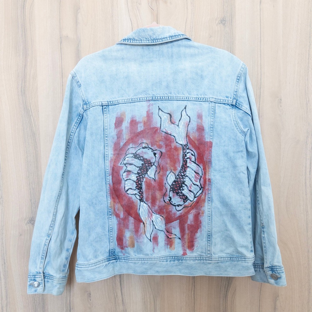 Upcycled True Craft Women Denim Jacket Size S Light Wash Distressed Art Koi Fish